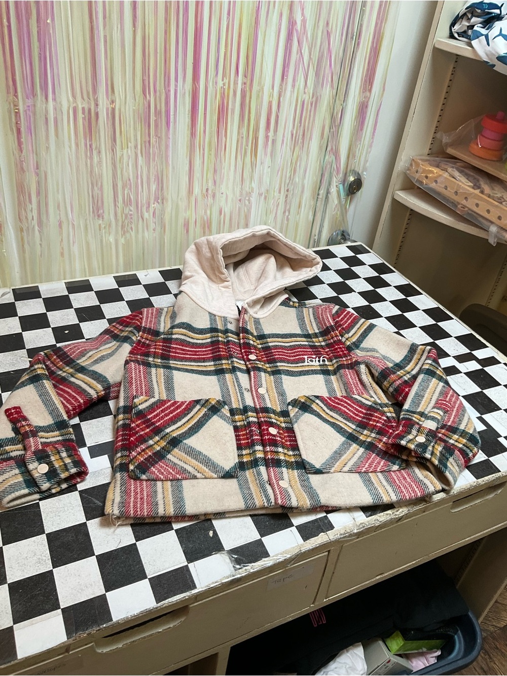 Kith Cream Plaid Hooded Puffer Jacket with Red and Green Stripes